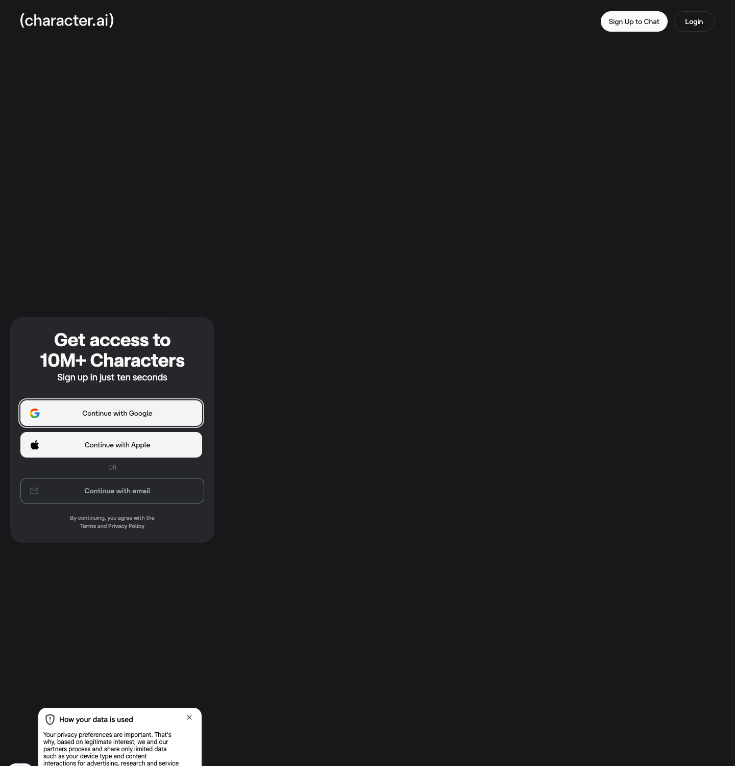 Character.AI homepage as captured in a browser frame, July 2026
